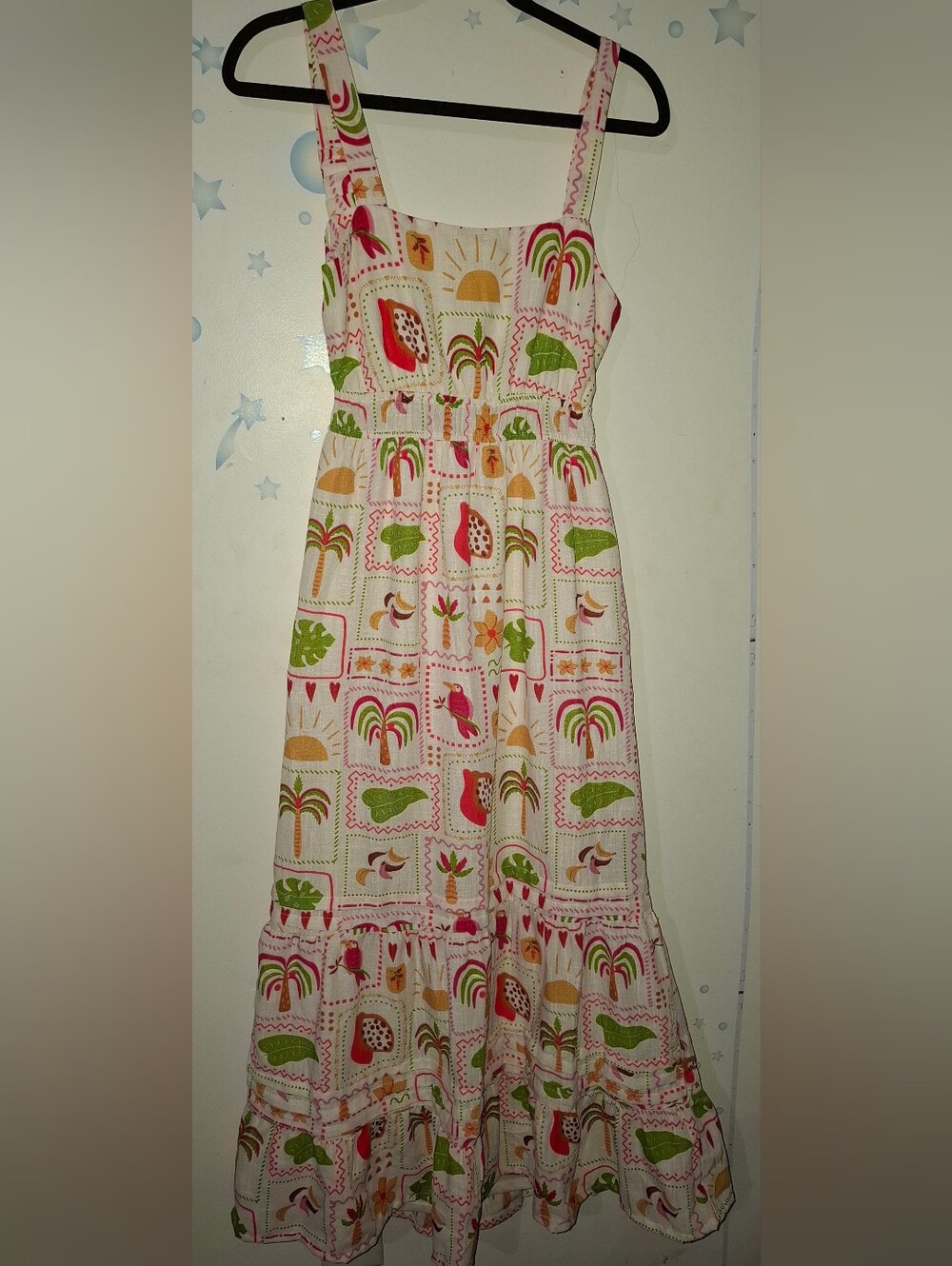 Tropical Print Cotton Sundress - White with Pink & Green Small
